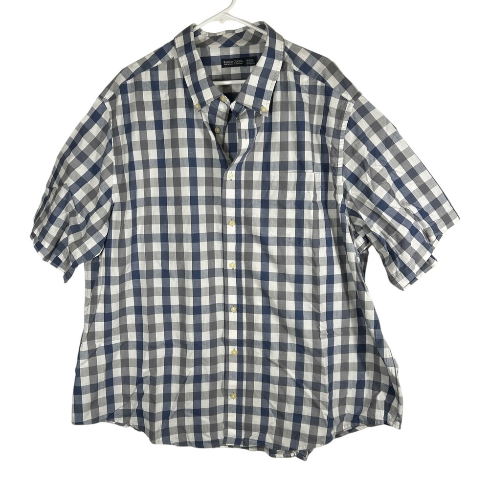Faded Glory Mens 3XL Short Sleeve Gingham Button Down Shirt Navy Grey White